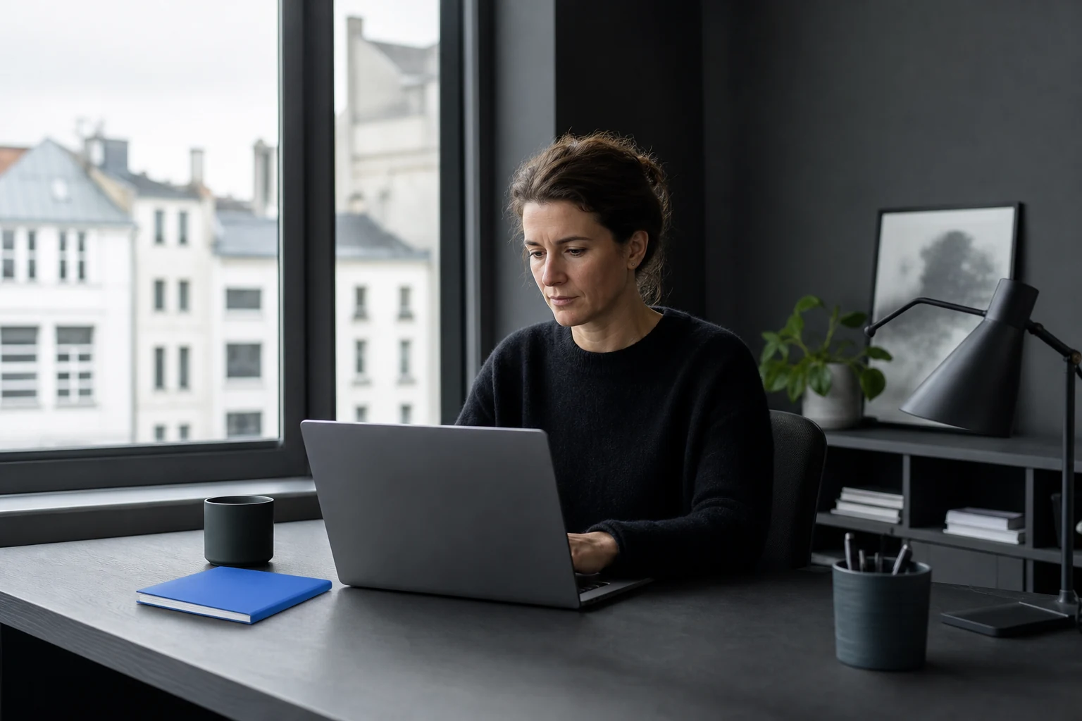 Indépendante belge à son bureau, écran de comptabilité Enregle ouvert